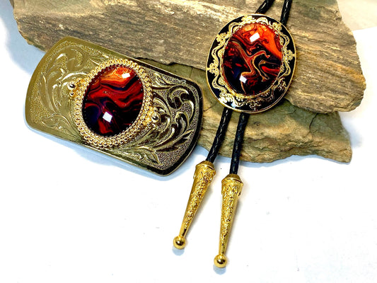 New Red Earthtone hand painted stones in golden bolo and buckle set