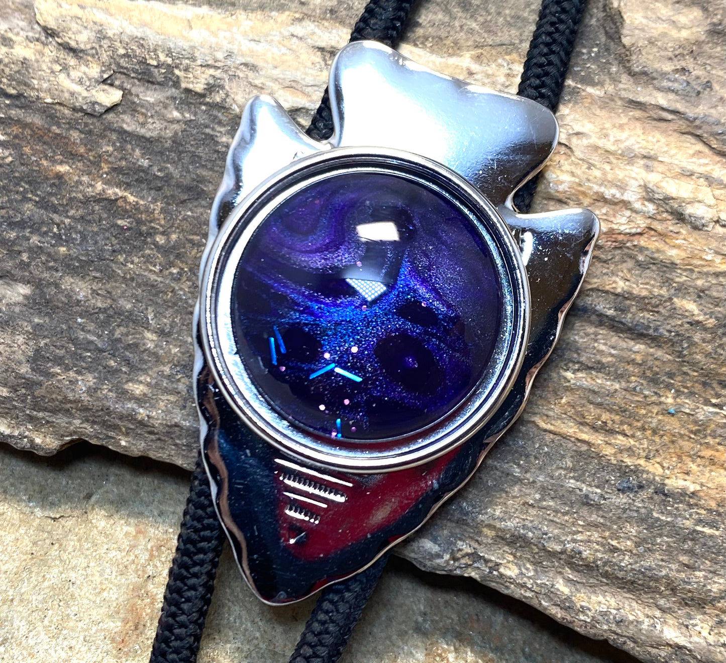 Modern arrowhead bolo with purple hand painted stone