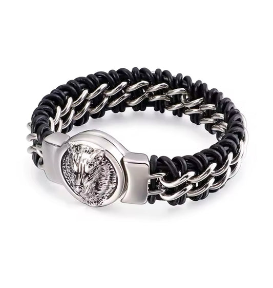 Heavy duty black and silver leather bracelet with stainless steel wolf
