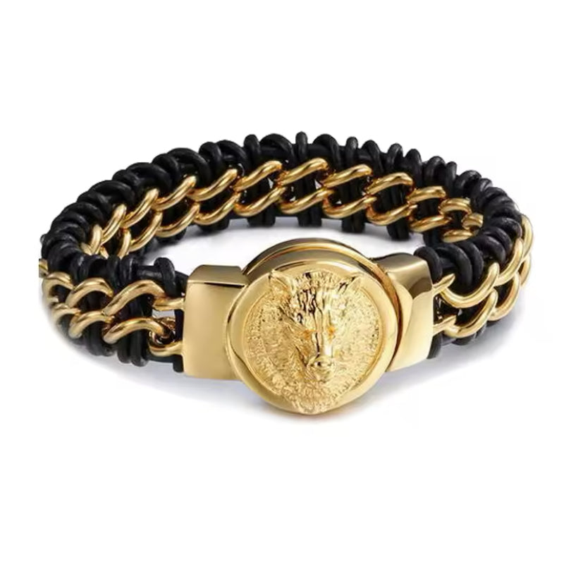Heavy duty black and gold leather bracelet with stainless steel wolf