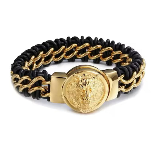 Heavy duty black and gold leather bracelet with stainless steel wolf