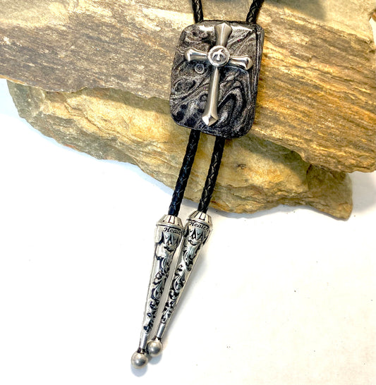 Christian bolo tie made from slate w stainless steel cross