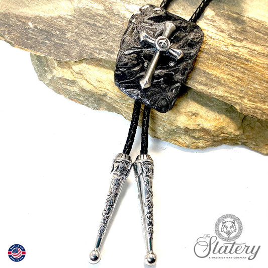 Christian bolo tie made from slate w stainless steel cross