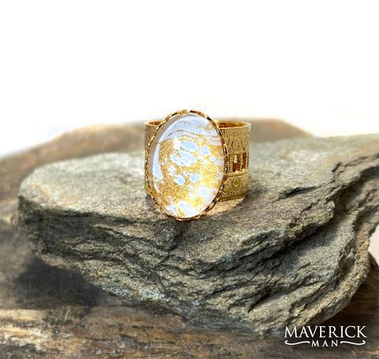 Golden scarf slide with gold and white hand painted stone