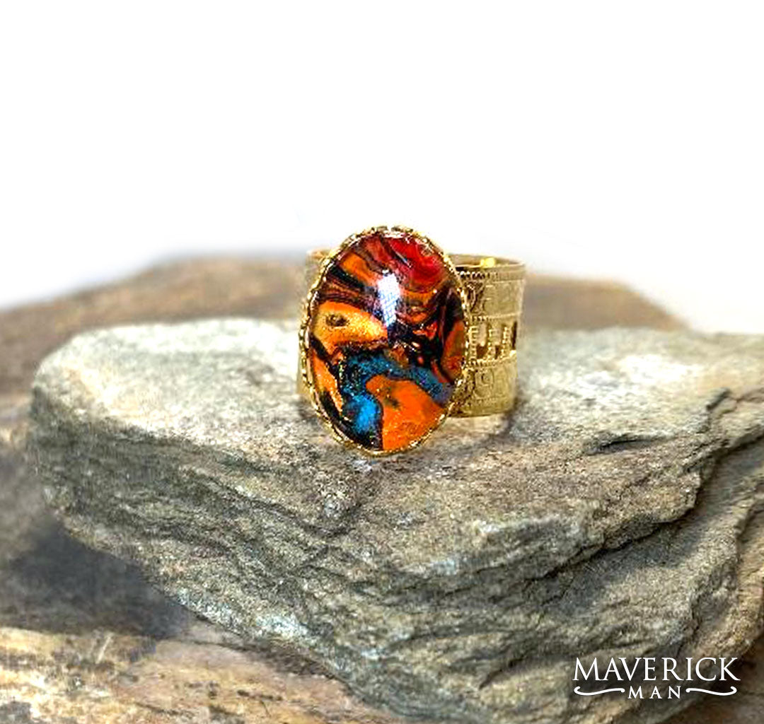 Golden scarf slide with hand painted stone in southwestern colors