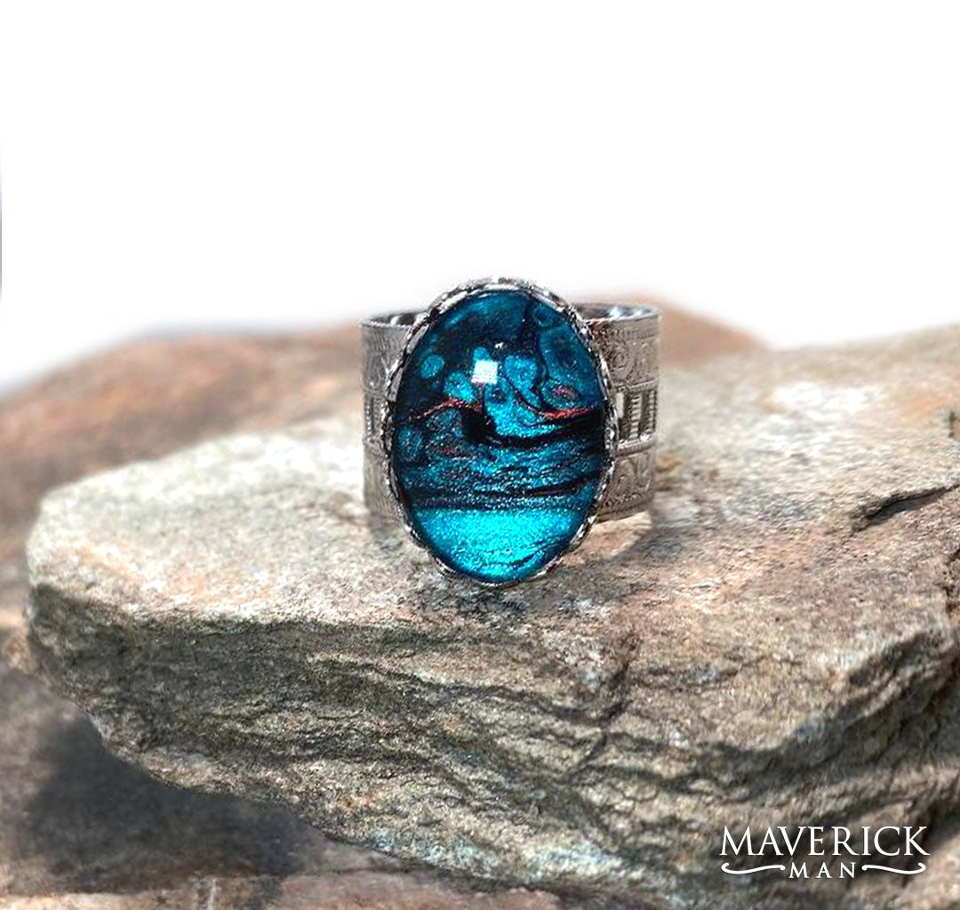 Silver scarf slide with turquoise and copper hand painted stone