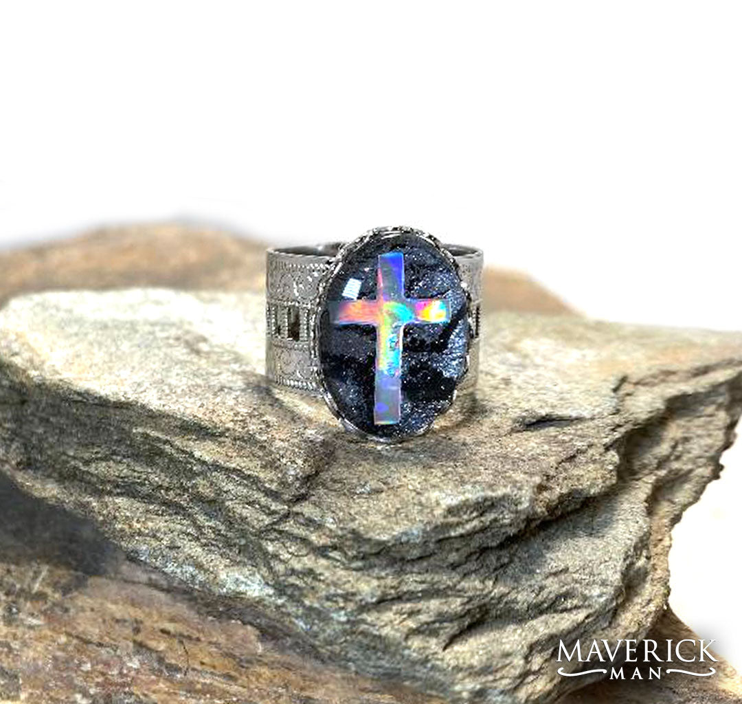 Silver Christian scarf slide with hand painted black and platinum stone