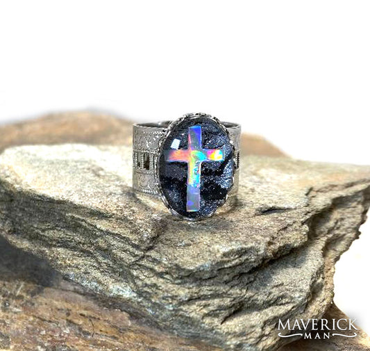 Silver Christian scarf slide with hand painted black and platinum stone