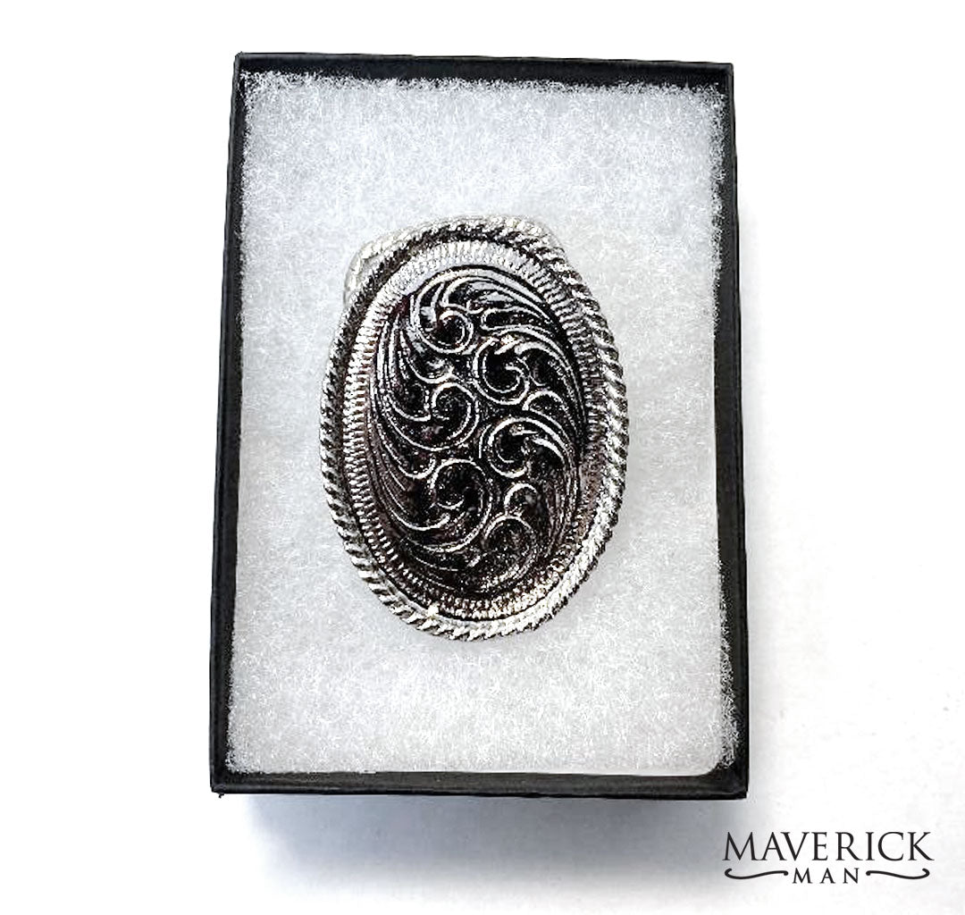 Handsome filigree scarf slide with adjustable closure