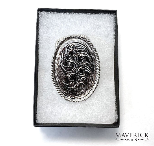 Handsome filigree scarf slide with adjustable closure