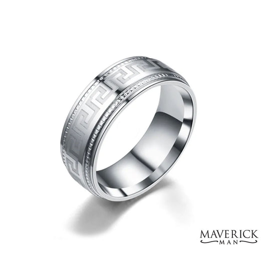 Stainless Steel spinner ring with Greek scroll engraving