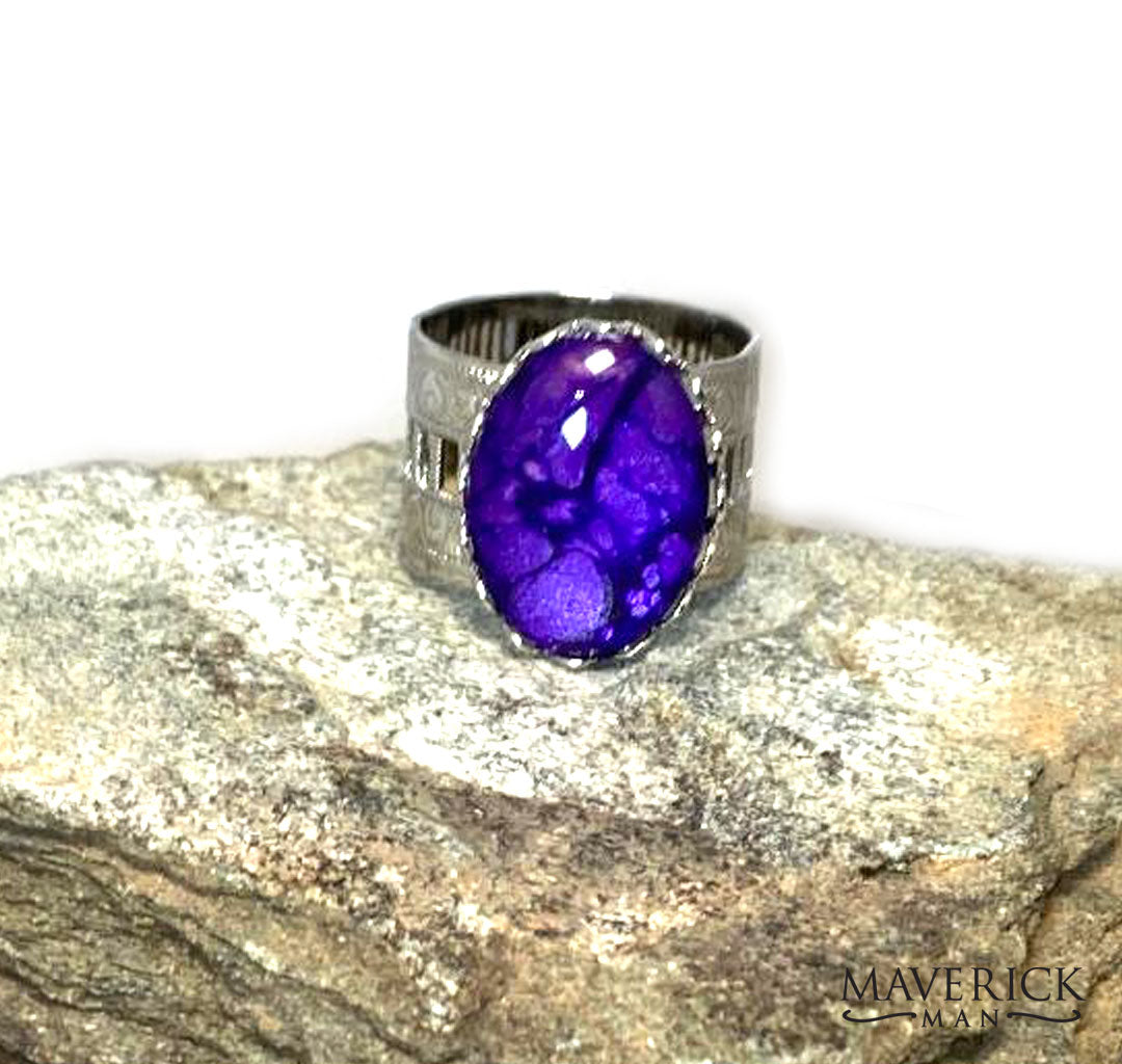 Silver scarf slide with purple Color Shift hand painted stone