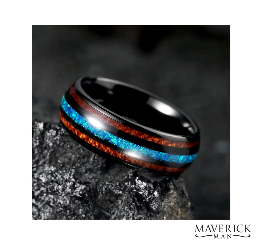 Good looking double wood and faux fire opal ring in black stainless steel