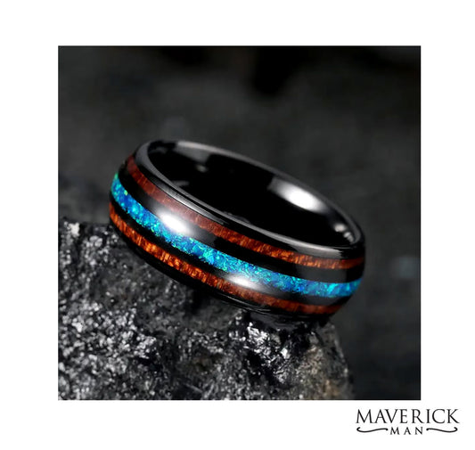 Good looking double wood and faux fire opal ring in black stainless steel
