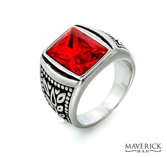 Stainless steel ring with faceted red stone