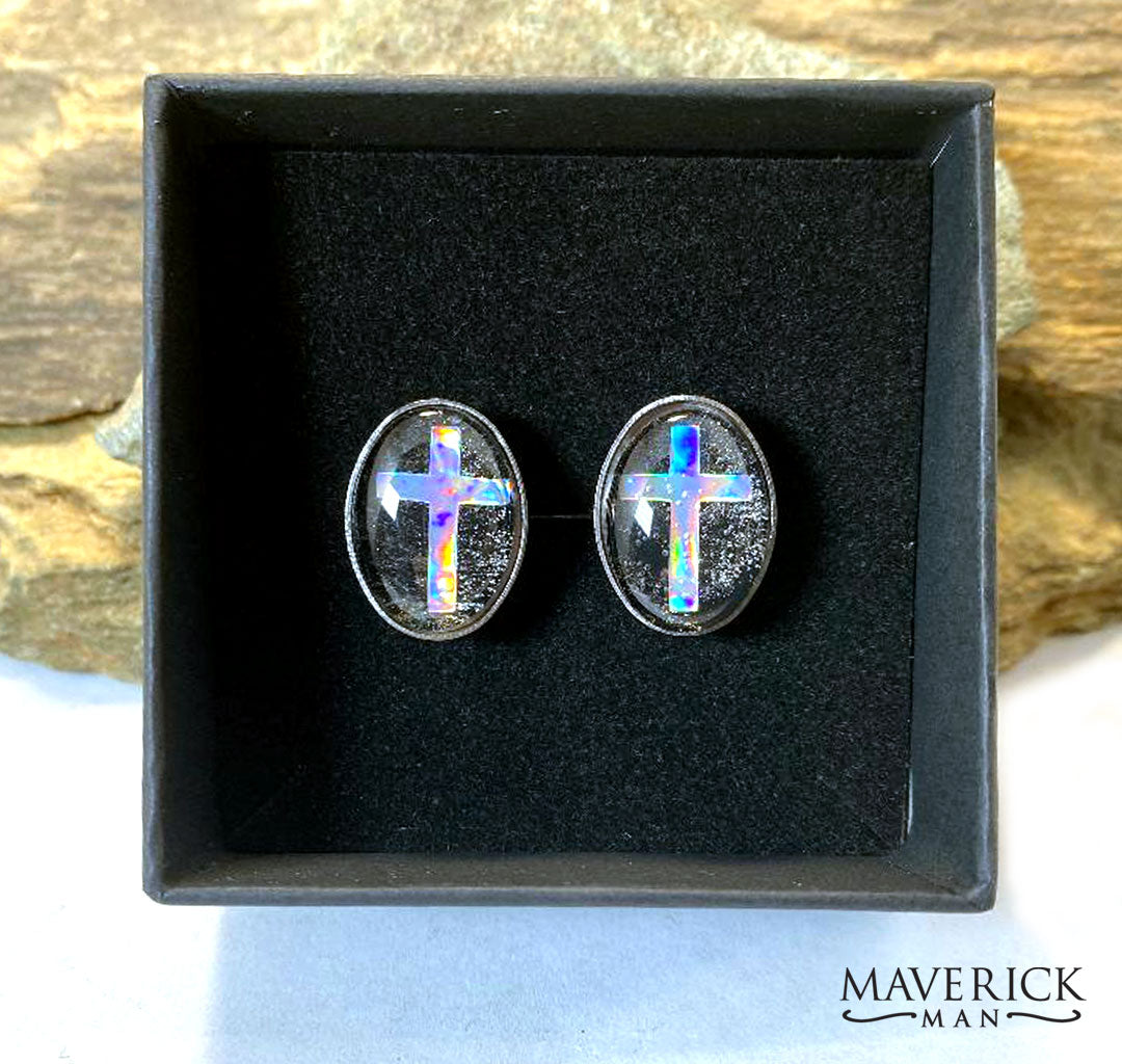 Handsome stainless steel cufflinks with hand painted stones and crosses