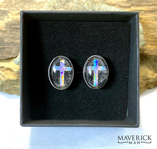 Handsome stainless steel cufflinks with hand painted stones and crosses