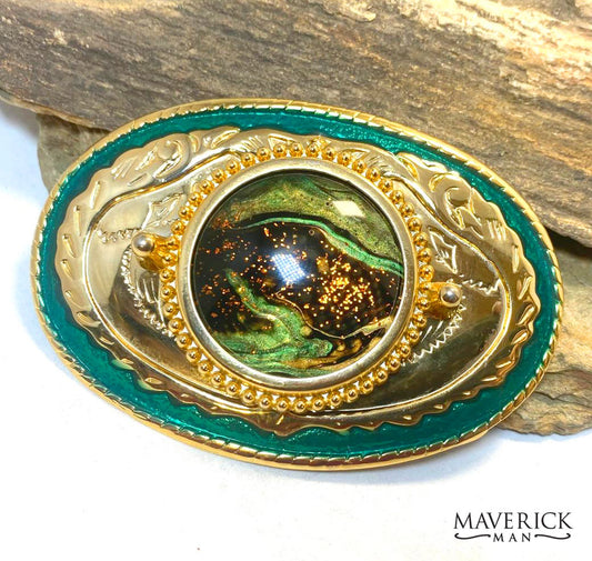Handsome gold and green buckle -with hand painted stone