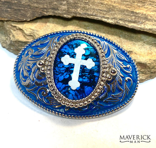Handsome blue and silver filigree buckle with embedded cross - rare find