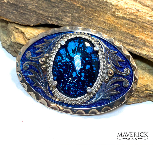 Handsome blue and silver filigree buckle with hand painted stone - rare find