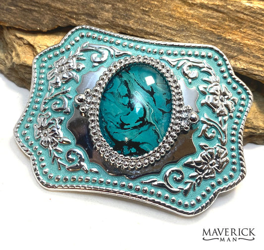 Turquoise and silver buckle with hand painted turquoise stone