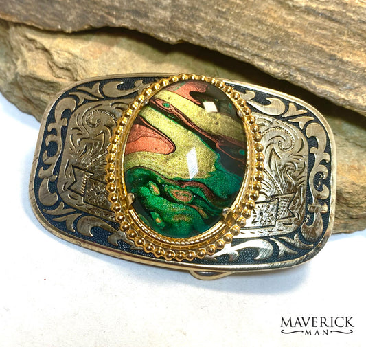 Small golden belt buckle with hand painted stone