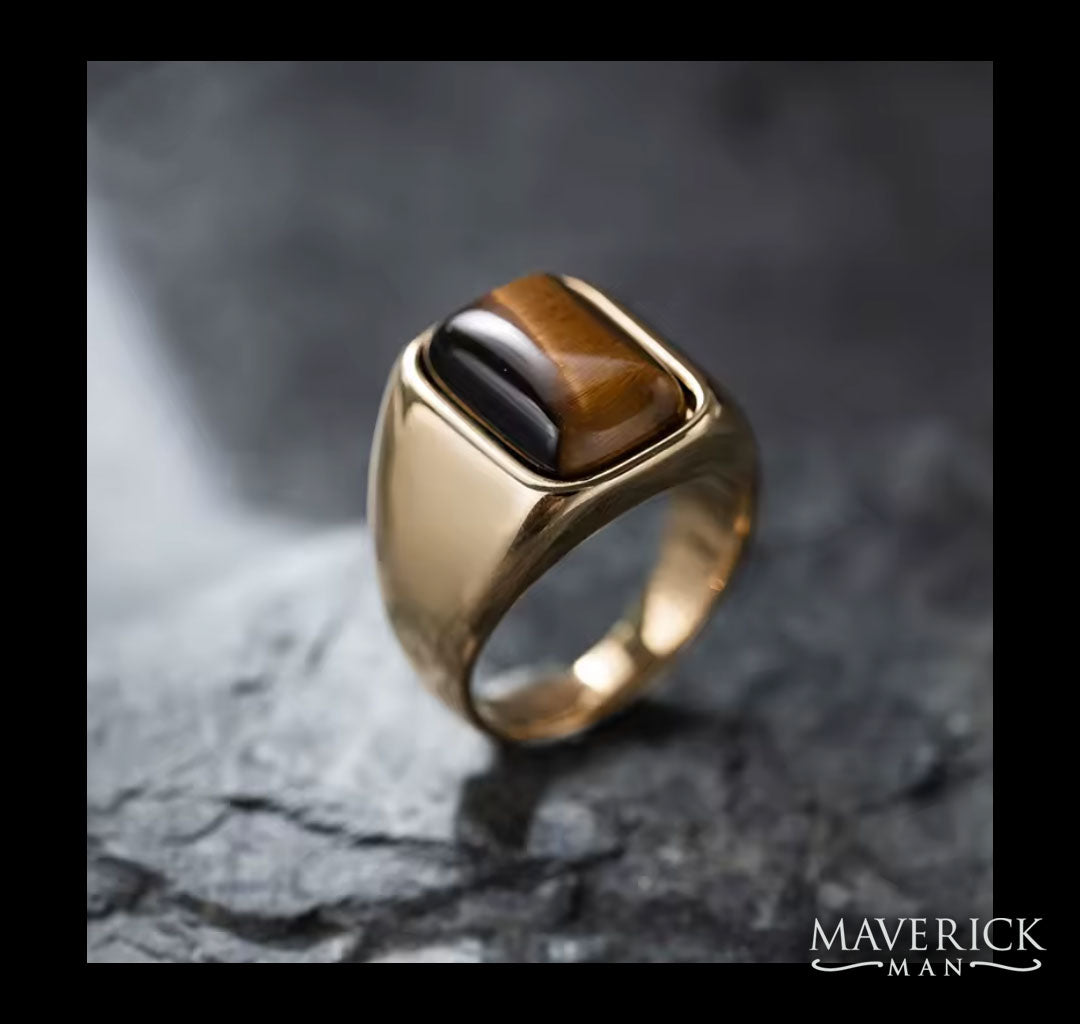 Modern gold stainless steel ring with genuine tiger eye stone