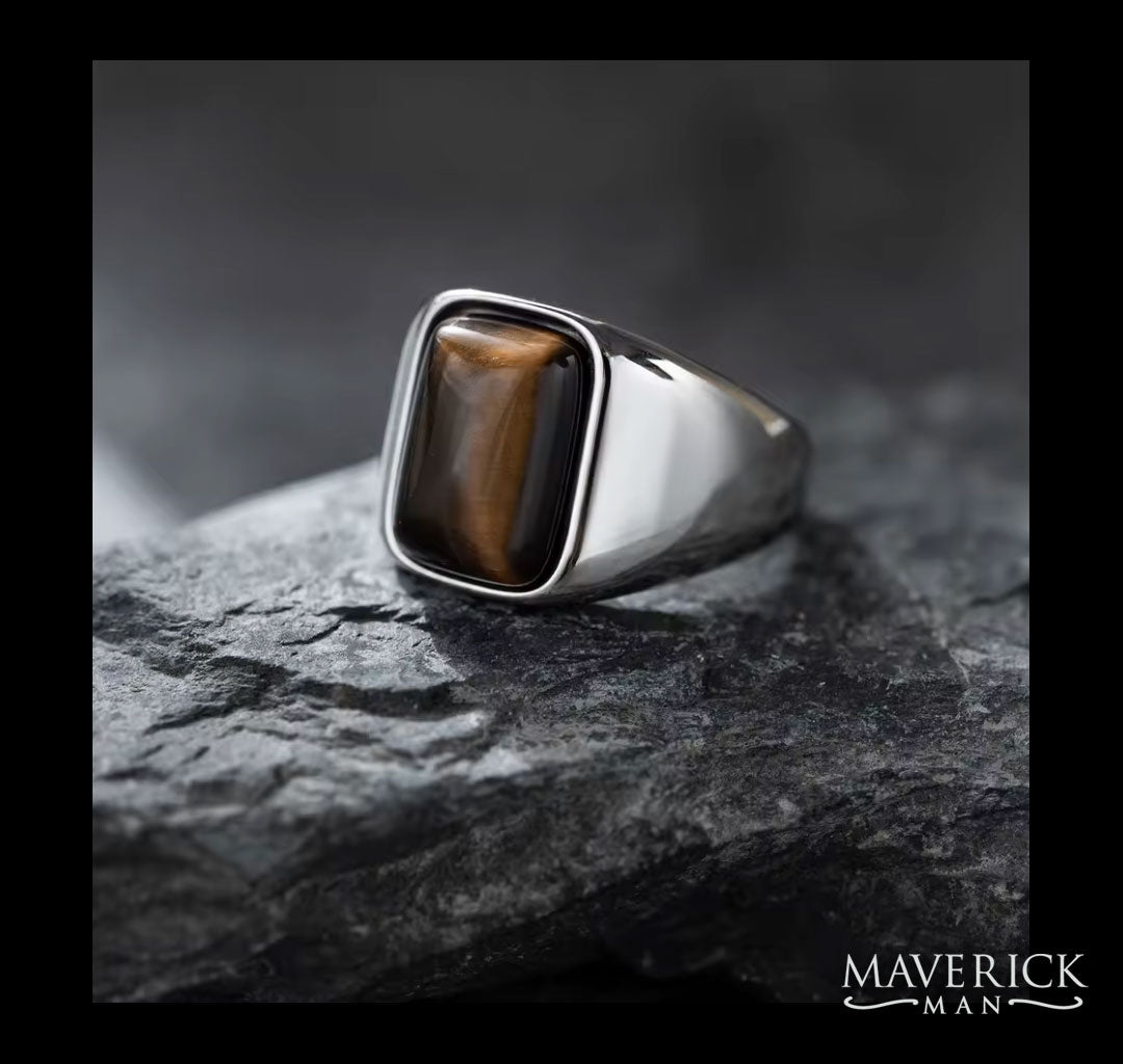 Modern titanium stainless steel ring with genuine tiger eye stone