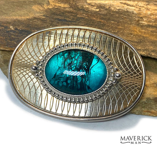 CUSTOM - Turquoise and black hand painted stone in vintage belt buckle