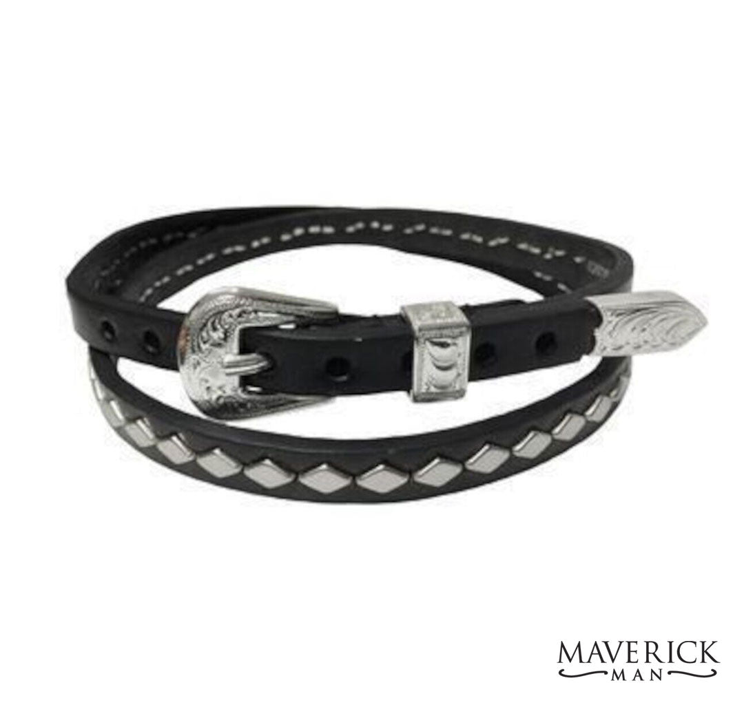 Real leather diamond concho hat band with buckle - black