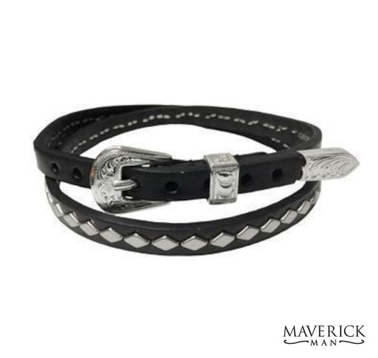 Real leather diamond concho hat band with buckle - black