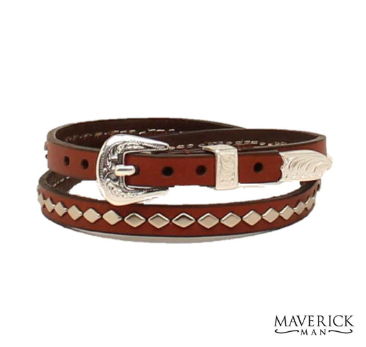 Real leather diamond concho hat band with buckle - medium brown