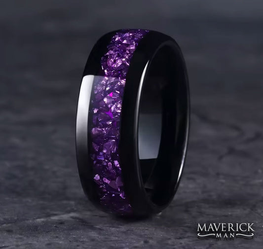 Black plated stainless steel ring with purple nebula inlay
