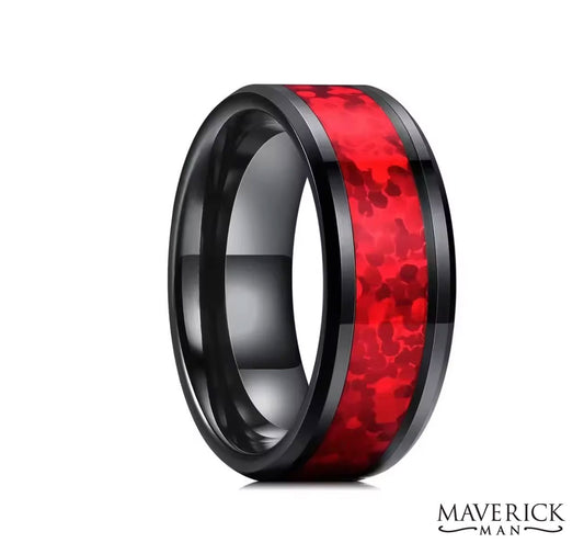 Black plated stainless steel ring with red nebula inlay