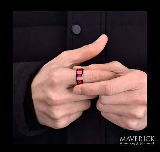 Black plated stainless steel ring with red nebula inlay