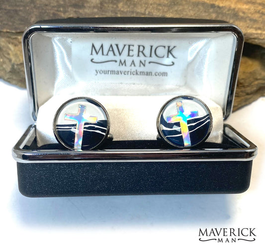 Classic black and white cufflinks in stainless steel with crosses