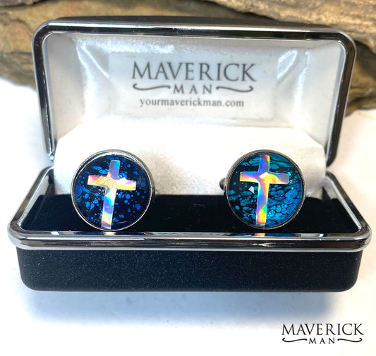 Stainless steel cross cufflinks with hand painted stones