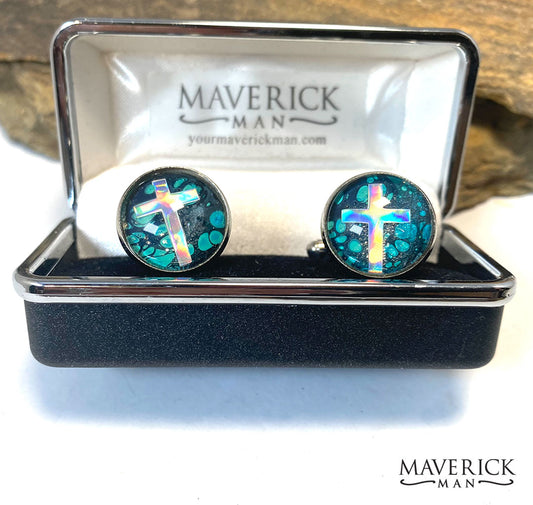 Stainless steel cross cufflinks with holographic crosses