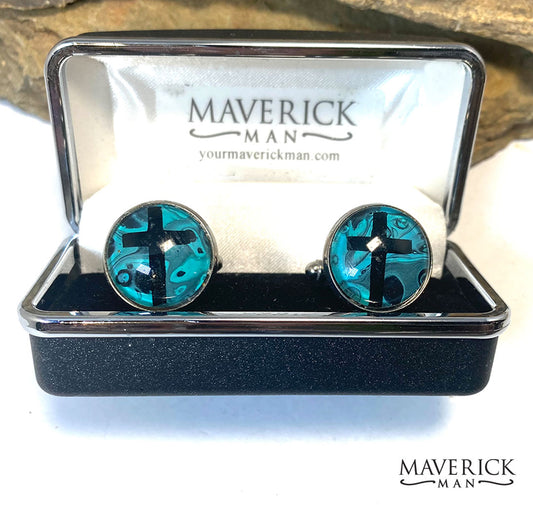Stainless steel cross cufflinks with holographic crosses