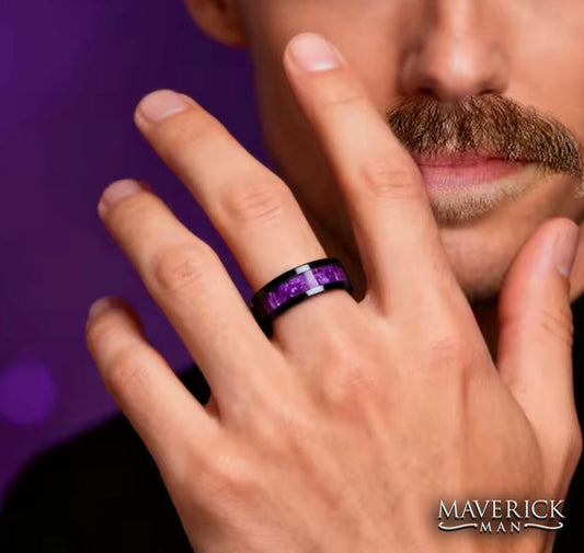 Black tungsten steel ring with purple inlay