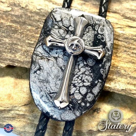 Fantastic larger cross bolo made from slate in black and platinum
