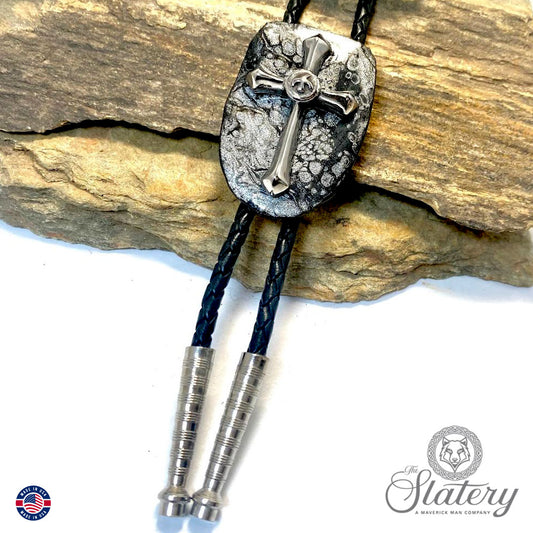 Fantastic larger cross bolo made from slate in black and platinum