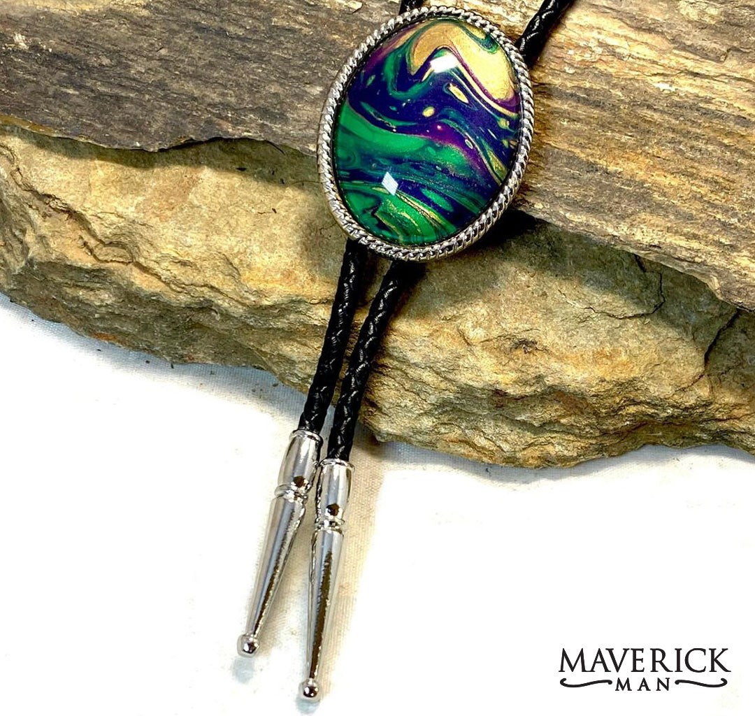 Large silver bolo with beaded edge from our Party Gras collection of green gold and purple