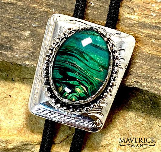 Handsome silver bolo with hand painted green and black stone