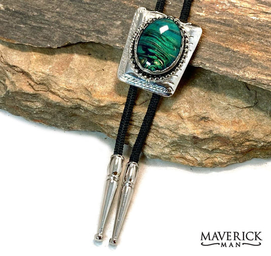 Handsome silver bolo with hand painted green and black stone