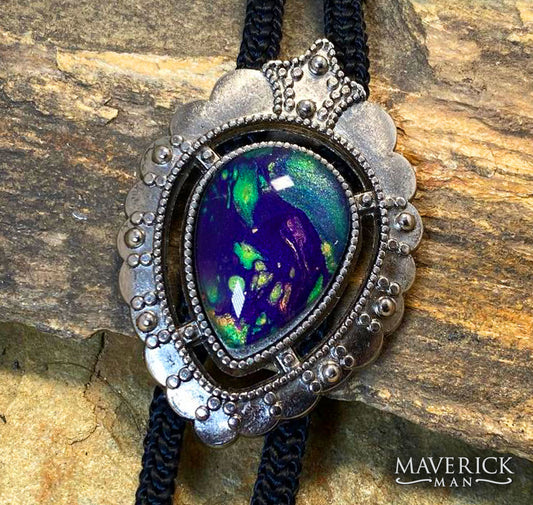 Silver dressy bolo with hand painted stone from our Party Gras collection