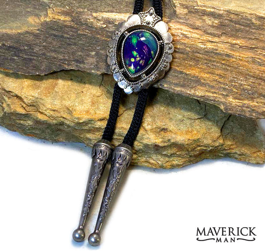 Silver dressy bolo with hand painted stone from our Party Gras collection