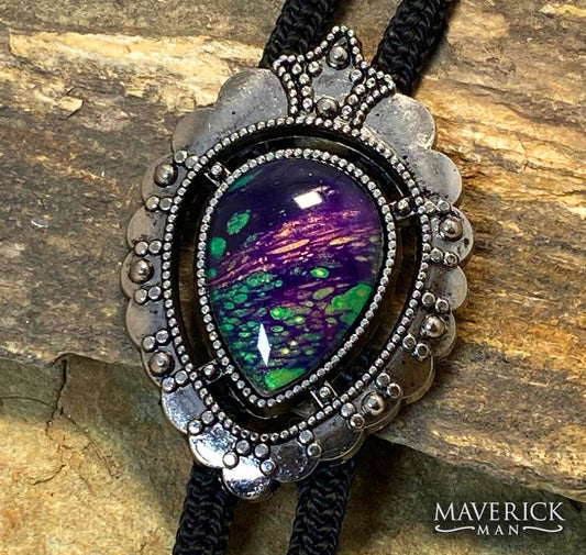 Silver dressy bolo with hand painted stone from our Party Gras collection