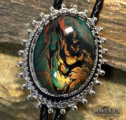 Spikey silver bolo with fabulous hand painted stone