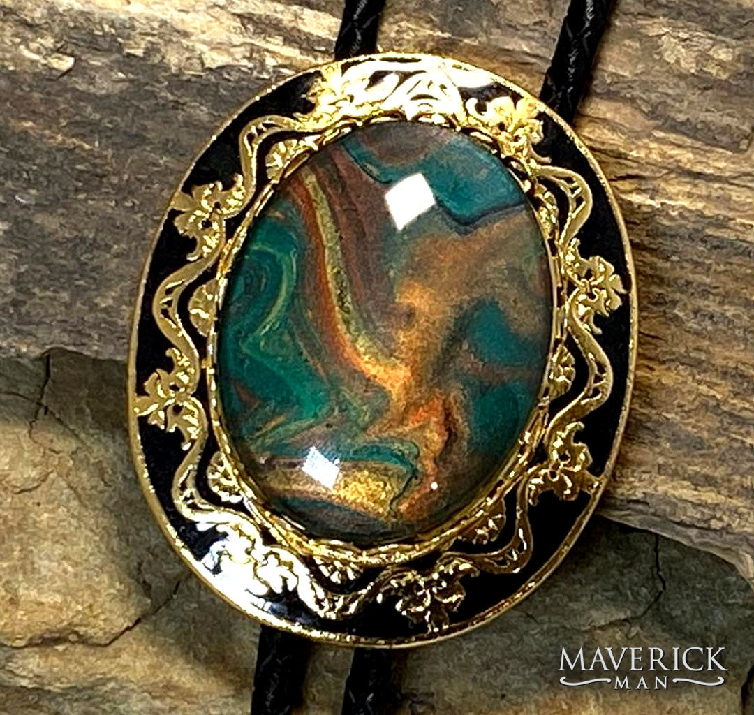 Dressy gold and black bolo with fabulous hand painted stone